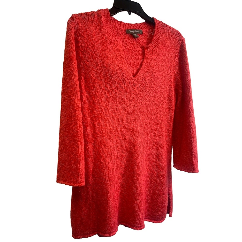 Tommy Bahama Sweater Top Women's Size Medium Coral Orange V Neck Knit Long